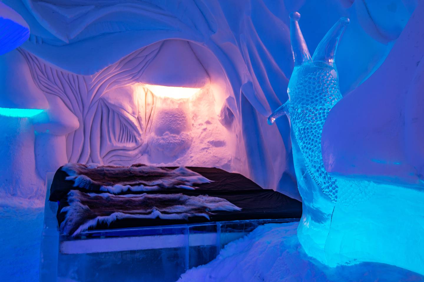 The MushRoom suite by Chris Pancoe and Peter Hargraves is one of 12 ice suites where travellers can spend the night in a unique world of frozen art. Photo: Asaf Kliger