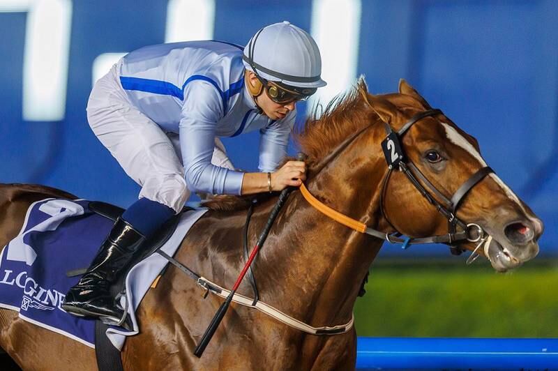 Mickael Barzalona on Hypothetical wins the Group 1 Al Maktoum Challenge Round-3 at the Super Saturday meeting at Meydan on March 5, 2022. DHRIC