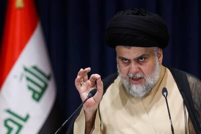 Shiite cleric Moqtada Al Sadr speaks after preliminary results of Iraq’s parliamentary election were announced in Najaf on October 11. Reuters