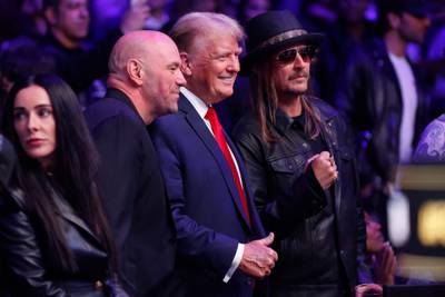 Former US President Donald Trump, UFC president Dana White, and musician Kid Rock pose for a photo at UFC 295. Getty Images