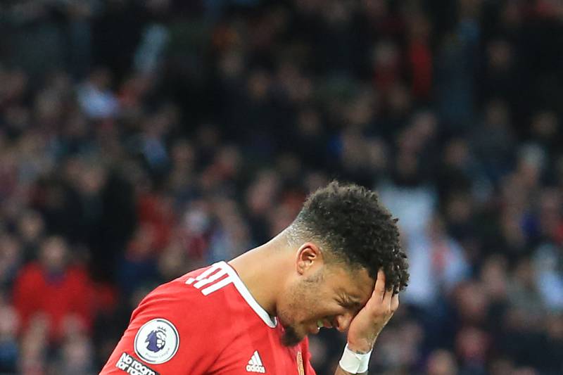 Manchester United's Jadon Sancho shows his frustration. AFP