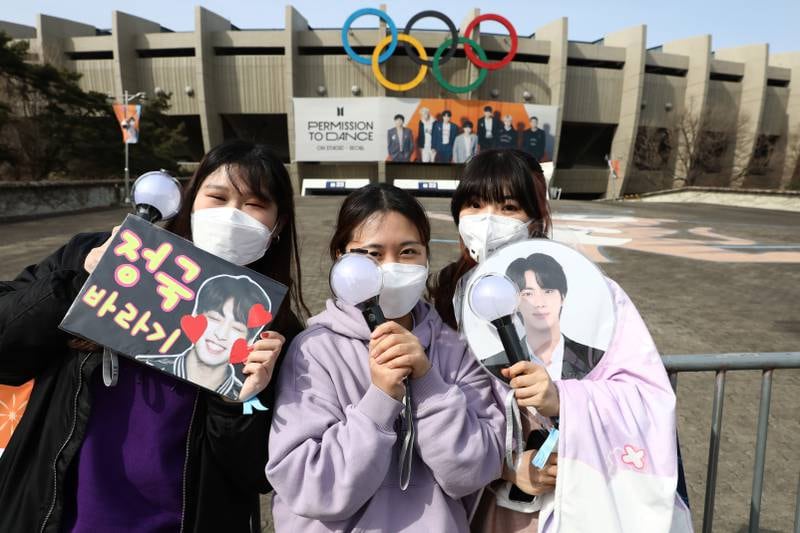 Fans gather as they wait for BTS's 'Permission To Dance On Stage' concert at Olympic Stadium on March 10. Getty Images