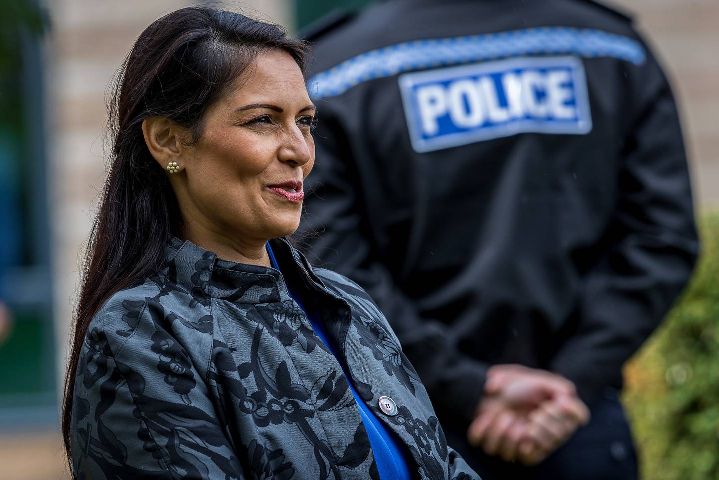 Britain's Home Secretary Priti Patel visits the North Yorkshire Police headquarters in Northallerton, northeast England on July 30, 2020. / AFP / POOL / Charlotte Graham

