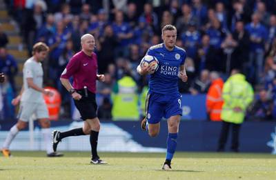 Soccer Football - Premier League - Leicester City vs Chelsea - Leicester, Britain - September 9, 2017   Leicester City's Jamie Vardy celebrates scoring their first goal from the penalty spot   Action Images via Reuters/Andrew Couldridge  EDITORIAL USE ONLY. No use with unauthorized audio, video, data, fixture lists, club/league logos or "live" services. Online in-match use limited to 75 images, no video emulation. No use in betting, games or single club/league/player publications. Please contact your account representative for further details.