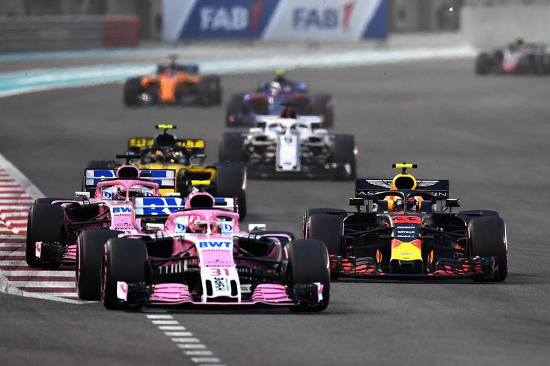 Max Verstappen of the Netherlands driving the (33) Aston Martin Red Bull Racing RB14 TAG Heuer battles with Esteban Ocon of France driving the (31) Sahara Force India F1 Team VJM11 Mercedes. Getty Images
