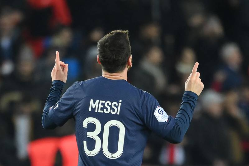 Paris Saint-Germain's Argentine forward Lionel Messi celebrates after scoring their second goal in their 2-1 Ligue 1 win against Toulouse at the Parc des Princes on February 4, 2023. AFP