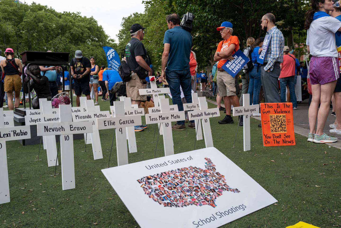 A memorial of white crosses is erected to the children killed in Uvalde, Texas at the starting point of the March for Our Lives protest on in Brooklyn, New York. Getty