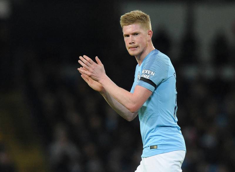 Manchester City's Kevin De Bruyne reacts during the English Premier League soccer match between Manchester City and Cardiff City at Etihad stadium in Manchester, England, Wednesday, April 3, 2019. (AP Photo/Rui Vieira)