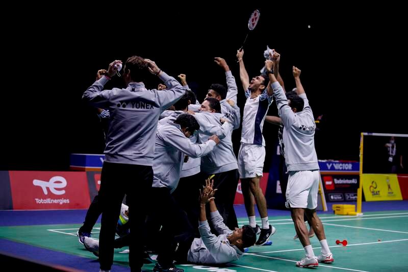 Team India celebrate at the end of the men's singles match between Srikanth Kidambi of India and Jonatan Christie of Indonesia. EPA