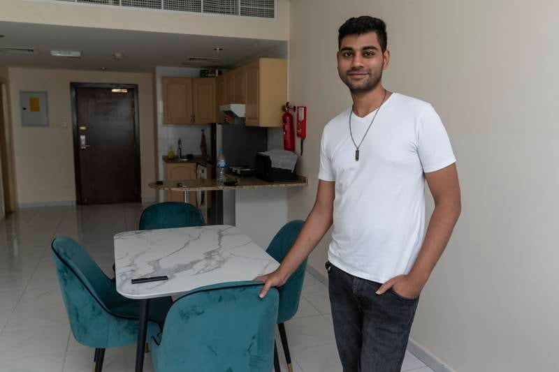 Karan Thawrani in his one-bedroom apartment in Desert Rose Apartments, Bur Dubai.
