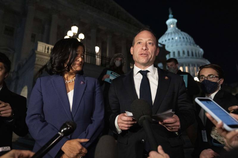Representatives Pramila Jayapal and Josh Gottheimer outside the US Capitol. The House passed the $1 trillion bipartisan infrastructure bill after months of negotiations. Photo: Getty Images