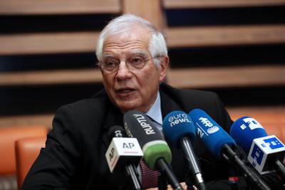 European Union foreign policy chief Josep Borrell speaks during a press briefing after his meetings with Iranian leaders, in Tehran, Iran, Monday, Feb. 3, 2020. (AP Photo/Vahid Salemi)