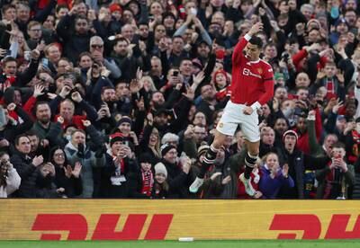 Cristiano Ronaldo celebrates scoring Manchester United's first goal against Tottenham at Old Trafford. Reuters