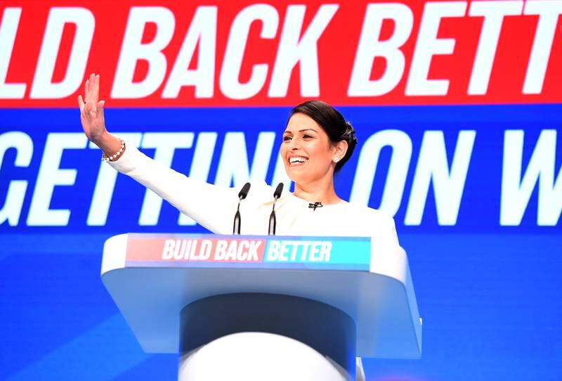 Britain's Home Secretary Priti Patel delivers a speech to the Conservative party conference in Manchester. EPA
