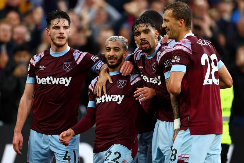 Said Benrahma of West Ham celebrates with teammates after scoring the opener. Getty 