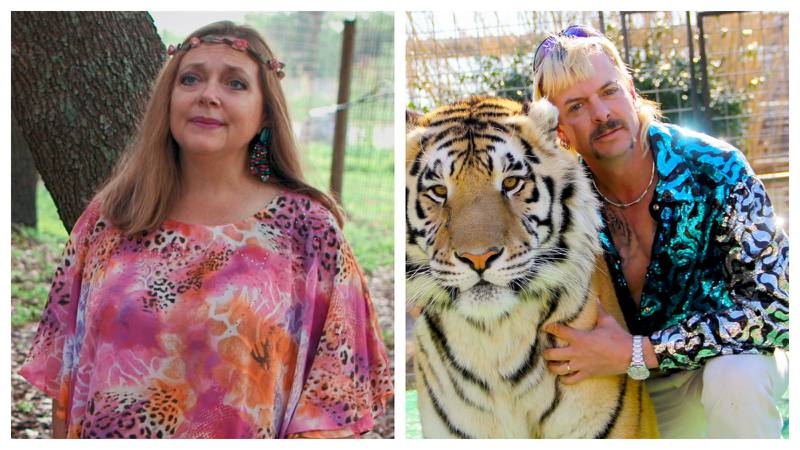 Carole Baskin, left, is suing Netflix for using footage of her and her husband in the 'Tiger King 2' trailer. The show centres on her arch enemy Joe Exotic. Photos: Netflix