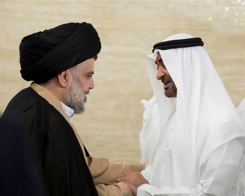 Abu Dhabi Crown Prince Sheikh Mohammed bin Zayed al-Nahayan meets with Iraqi Shi'ite leader Moqtada al-Sadr in Abu Dhabi, United Arab Emirates, August 13, 2017. Picture taken August 13, 2017. Emirates News Agency WAM/Handout via REUTERS ATTENTION EDITORS - THIS PICTURE WAS PROVIDED BY A THIRD PARTY. NO RESALES. NO ARCHIVE.