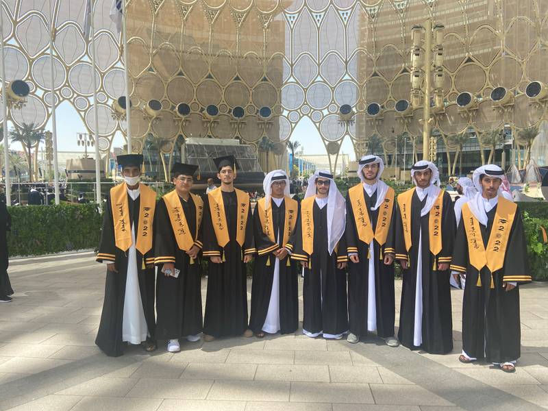 Mohamdi Sidi Mohamed, fourth from left, a high school pupil from Sharjah with his school friends at Al Wasl dome at Expo 2020 Dubai. Photo: Mohamdi Sidi Mohamed