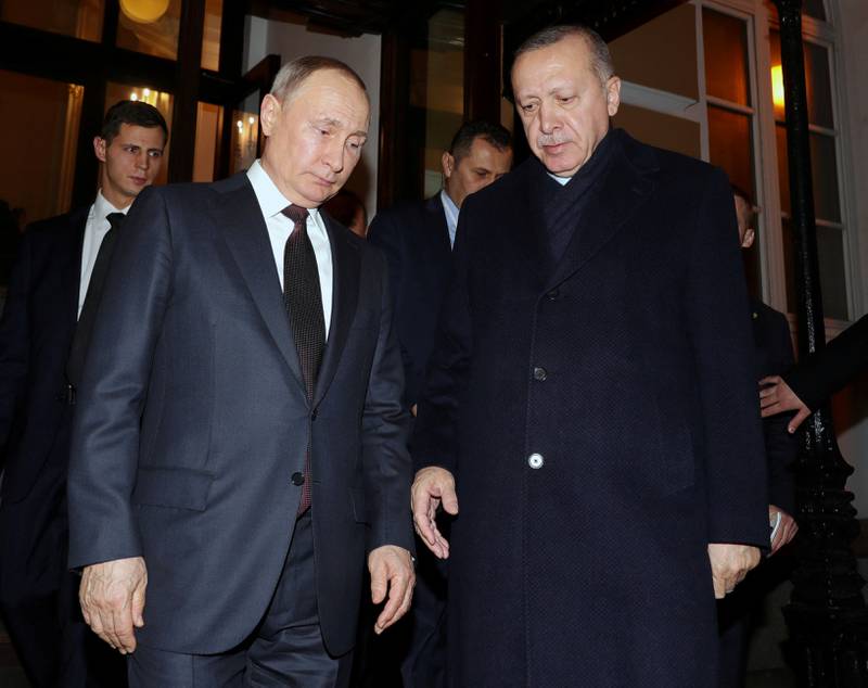 Russian President Vladimir Putin and Turkish President Tayyip Erdogan after talks in Moscow in 2020. Reuters