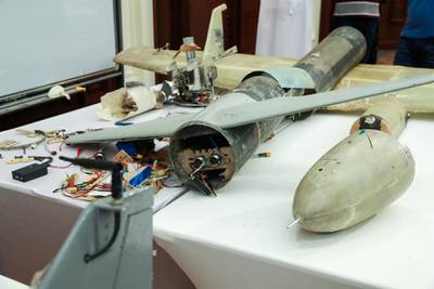 Abu Dhabi, U.A.E., June 19, 2018. Allegedly used Iranian weapons that have been used in Yemen.  A shot down drone on display.Victor Besa / The NationalSection:  NARequested by:   Jake Badger