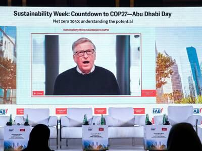 Bill Gates delivers a key message on net zero goals at the Countdown to Cop27 event in Abu Dhabi. Victor Besa / The National