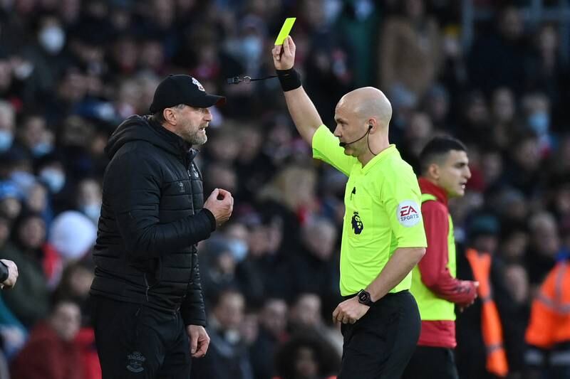 Southampton's manager Ralph Hasenhuttl is shown the yellow card. AFP