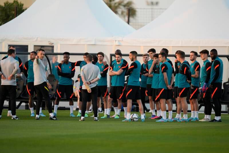 Chelsea players gather during a training session in Abu Dhabi. AP