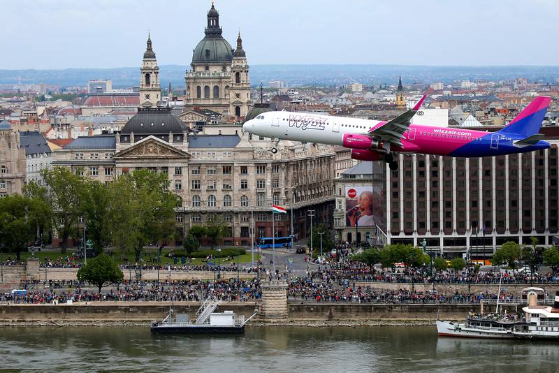 Wizz Air’s Airbus A-321 flies along the Danube river during an air show in Budapest. Reuters