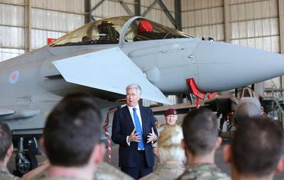 AKROTIRI, CYPRUS - DECEMBER 05:  Secretary of State for Defence Michael Fallon addresses Operation SHADER personnel at RAF Akrotiri on December 5, 2015 in Akrotiri, Cyprus. The RAF have sent two further Tornado aircraft and six Typoons to bolster aircraft now flying sorties to both Iraq and Syria after the UK government voted this week to authorise air strikes against so-called Islamic State targets in Syria.  (Photo by Matt Cardy/Getty Images)