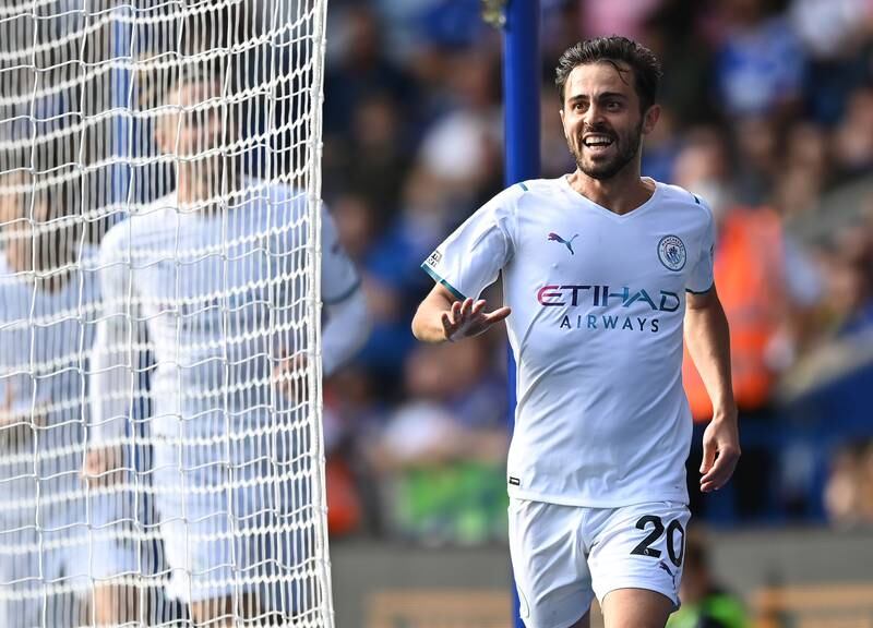 LEICESTER, ENGLAND - SEPTEMBER 11:  Bernardo Silva of Manchester City celebrates after scoring during the Premier League match between Leicester City  and  Manchester City at The King Power Stadium on September 11, 2021 in Leicester, England. (Photo by Shaun Botterill / Getty Images)