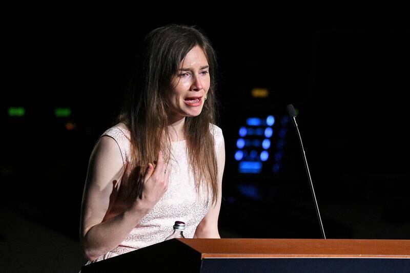 Amanda Knox speaking at the Criminal Justice Festival in Modena, Italy, in 2019. Reuters