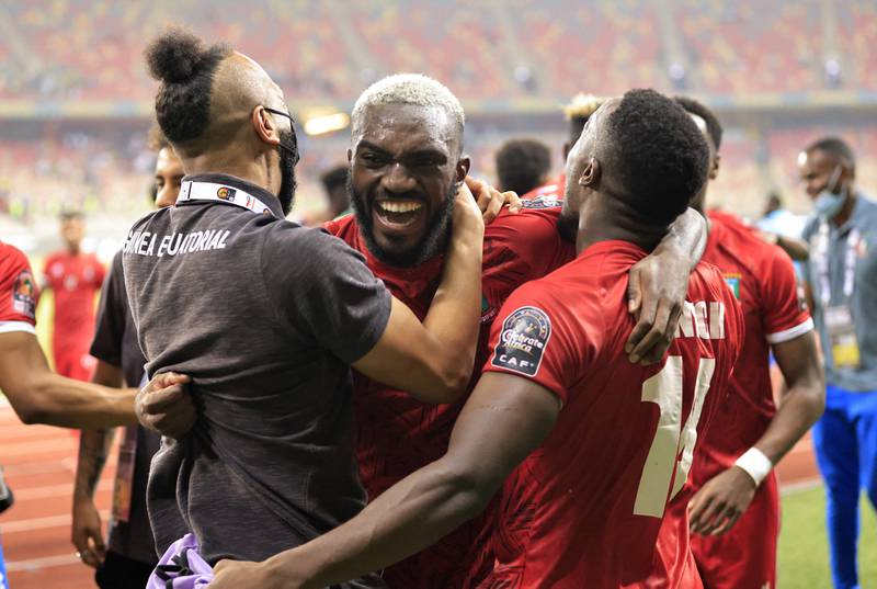 Equatorial Guinea's Esteban Obiang celebrates with teammates. Reuters