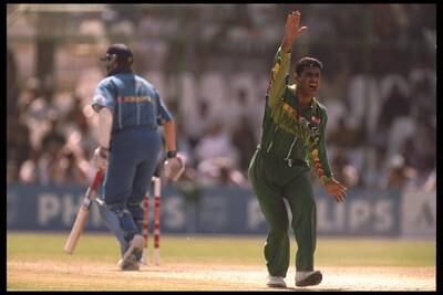 Pakistan pacer Waqar Younis appeals for the wicket of Graham Thorpe of England during the 1996 World Cup in Karachi. Getty 