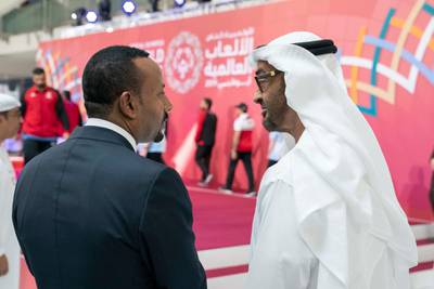 ABU DHABI, UNITED ARAB EMIRATES - March 18, 2019: HH Sheikh Mohamed bin Zayed Al Nahyan, Crown Prince of Abu Dhabi and Deputy Supreme Commander of the UAE Armed Forces (R) and HE Abiy Ahmed, Prime Minister of Ethiopia (L), tour the Special Olympics World Games Abu Dhabi 2019, at Abu Dhabi National Exhibition Centre (ADNEC).

( Ryan Carter / Ministry of Presidential Affairs )?
---