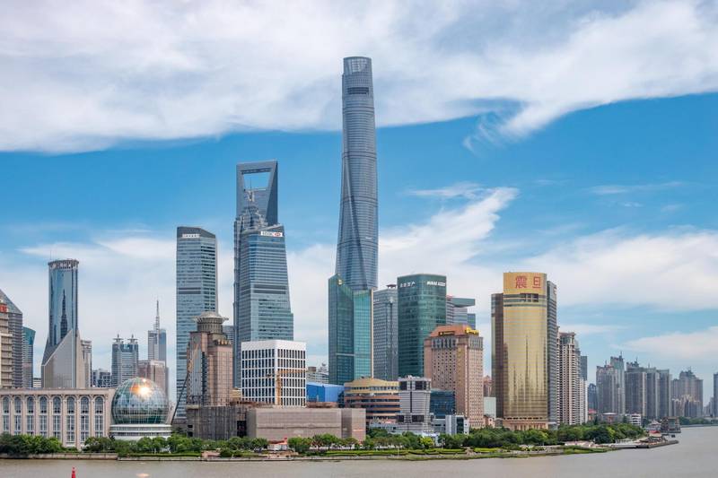 Cityscape of the Lujiazui Financial District in Pudong with the Shanghai Tower, the Shanghai World Financial Center, Jinmao Tower, the Oriental Pearl TV Tower and other skyscrapers and high-rise buildings on a clear day with blue sky in Shanghai, China, 31 July 2019.No Use China. No Use France. Reuters