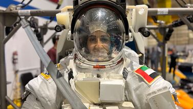 UAE's first woman astronaut Nora Al Matrooshi seen in her spacewalk gear at the Neutral Byouancy Laboratory in Houston, Texas, during her spacewalk training.