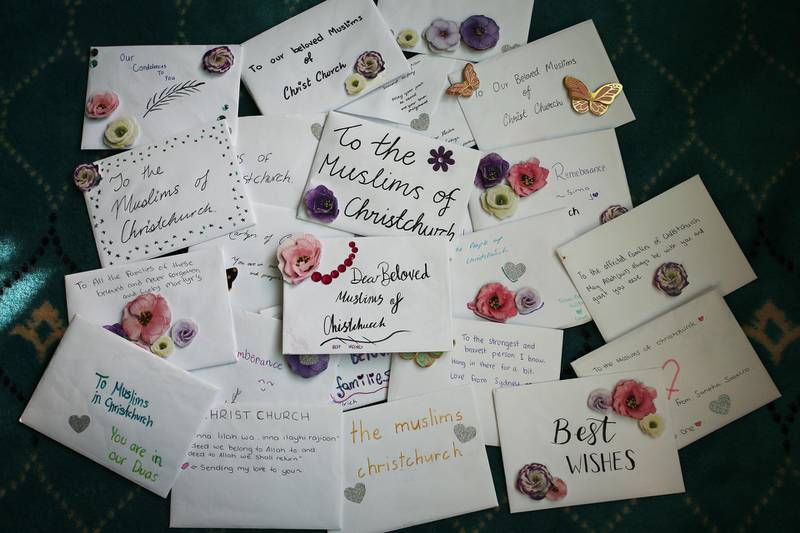 CHRISTCHURCH, NEW ZEALAND - AUGUST 22: Cards and letters of support from an Islamic school in Lakemba, Sydney are seen at Al Noor Mosque on August 22, 2019 in Christchurch, New Zealand. The Christchurch Islamic community  continue to receive international visitors and letters of support. 51 people were killed and dozens were injured following the worst mass shooting in New Zealandâ€™s history after a man opened fire at Al Noor Mosque and the Linwood Islamic Centre in Christchurch on 15 March 2019. The Australian gunman is now facing 51 charges of murder and 40 of attempted murder as well as engaging in a Terrorist Act and is due to go on trial in May 2020. (Photo by Lisa Maree Williams/Getty Images)