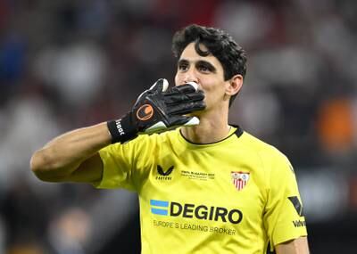 Sevilla's Moroccan goalkeeper Bono celebrates after saving two spot kicks in the shootout to win the Europa League final 4-1 on penalties against Roma at the Puskas Arena in Budapest, on May 31, 2023. Reuters