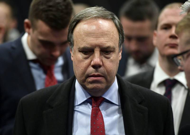 BELFAST, NORTHERN IRELAND - DECEMBER 13:  DUP Westminster leader Nigel Dodds reacts after losing his seat as Sinn Fein candidate John Finucane is declared the winner in the Belfast count centre on December 13, 2019 in Belfast, United Kingdom. The current Conservative Prime Minister Boris Johnson called the first UK winter election for nearly a century in an attempt to gain a working majority to break the parliamentary deadlock over Brexit. The election results from across the country are being counted and an overall result is expected in the early hours of Friday morning. (Photo by Charles McQuillan/Getty Images)