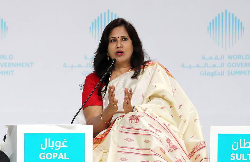 DUBAI , UNITED ARAB EMIRATES , FEB 12  – 2018 :- Karuna Gopal , President , Foundation for Futuristic Cities during the session on ‘ Technology & The Future of Smart Living ‘ on the second day of World Government Summit 2018 held at Madinat Jumeirah in Dubai. ( Pawan Singh / The National ) For News. 