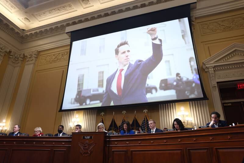 An image of Republican Senator Josh Hawley encouraging the crowd outside the Capitol on January 6, 2021, at a hearing of the House select committee investigating the riots that day. EPA
