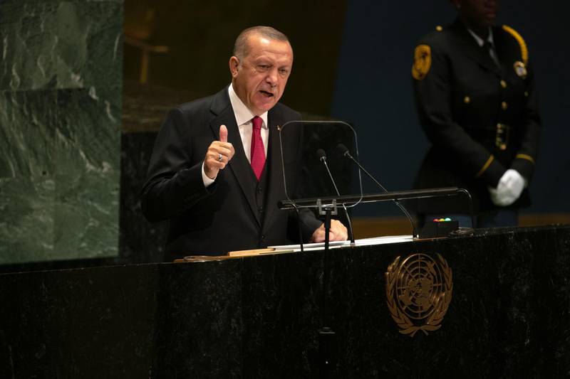 Recep Tayyip Erdogan, Turkey's president, speaks during the UN General Assembly meeting in New York, U.S. Erdogan used his speech to reinforce his image as a champion of the underdog -- and particularly of Muslims he says are being oppressed. Bloomberg