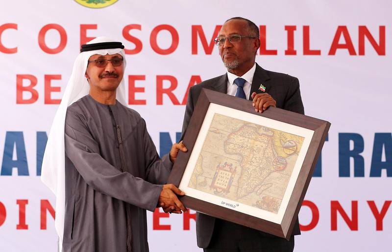 HARGEISA , SOMALILAND,  October 11 , 2018 :-  Sultan Bin Sulayem , Chairman & Group CEO DP World ( left ) giving memento to Musa Bihi Abdi , President of Somaliland during the Berbera Port Expansion contract awarding ceremony at the Presidential Palace in Hargeisa in Somaliland.  ( Pawan Singh / The National )  For News. Story by Charlie