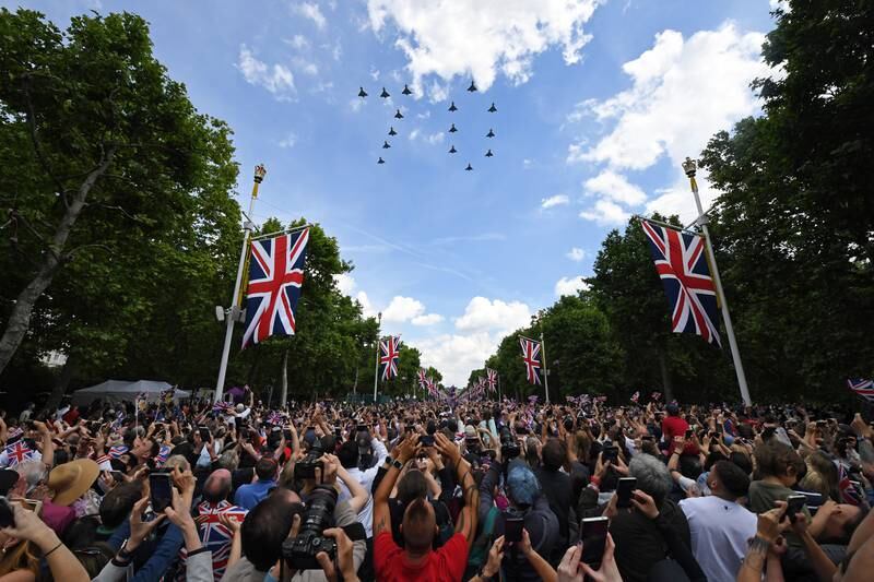 The RAF flypast on The Mall to mark the 70th anniversary of the accession of Queen Elizabeth II on February 6, 1952. Getty Images
