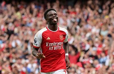Arsenal's Bukayo Saka celebrates his stunning goal which made it 2-0 to the Gunners. Reuters 