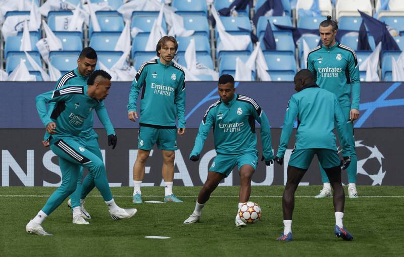 Real Madrid's Luka Modric, Gareth Bale and Rodrygo during training. Reuters