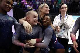 The gold medal-winning US women's gymnastics team in Antwerp on October 4. Reuters