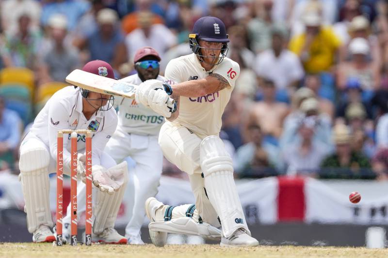 England's Ben Stokes plays a shot on his way to a blistering century on Day 2 of the second Test at the Kensington Oval in Bridgetown, Barbados, on Thursday, March 17, 2022. AP