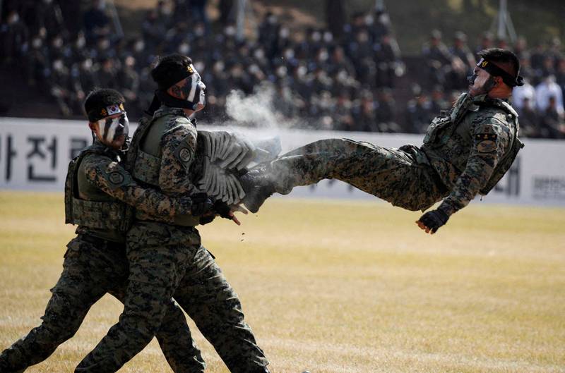 South Korean soldiers take part in media events to mark the 74th anniversary of Armed Forces Day at a military base in Gyeryong on September 29. Armed Forces Day is observed on October 1. Reuters 