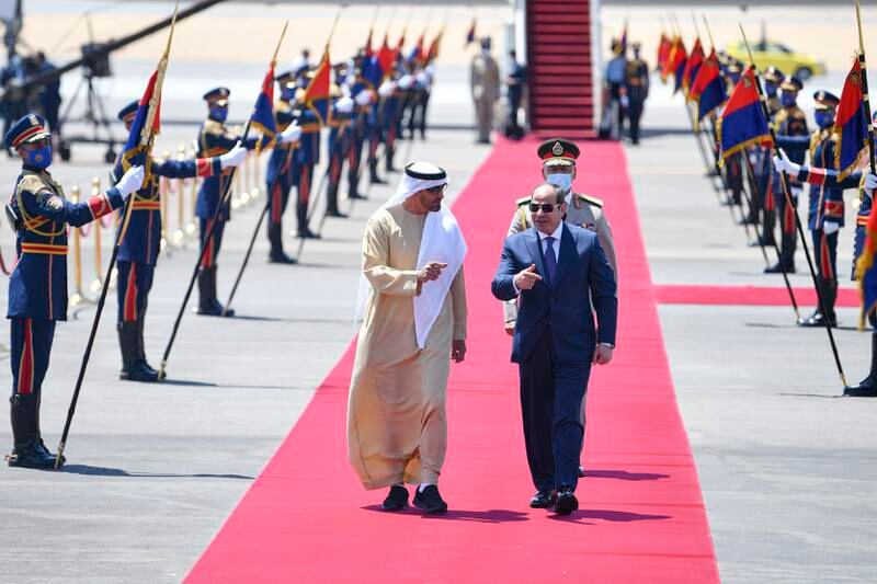 President Sheikh Mohamed is received by Abdel Fattah El Sisi, President of Egypt, on arrival at Al Alamein on August 21. Photos: Presidential Court